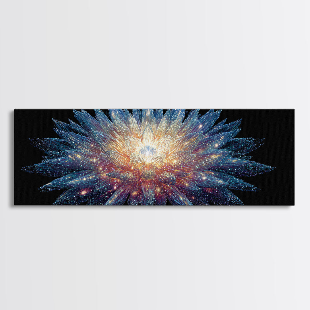Glowing Cosmic Crystal Bloom Wall Art, Modern Abstract Art Print, Space Abstract Art, Blue Black Living Room Wall Decor Prints
