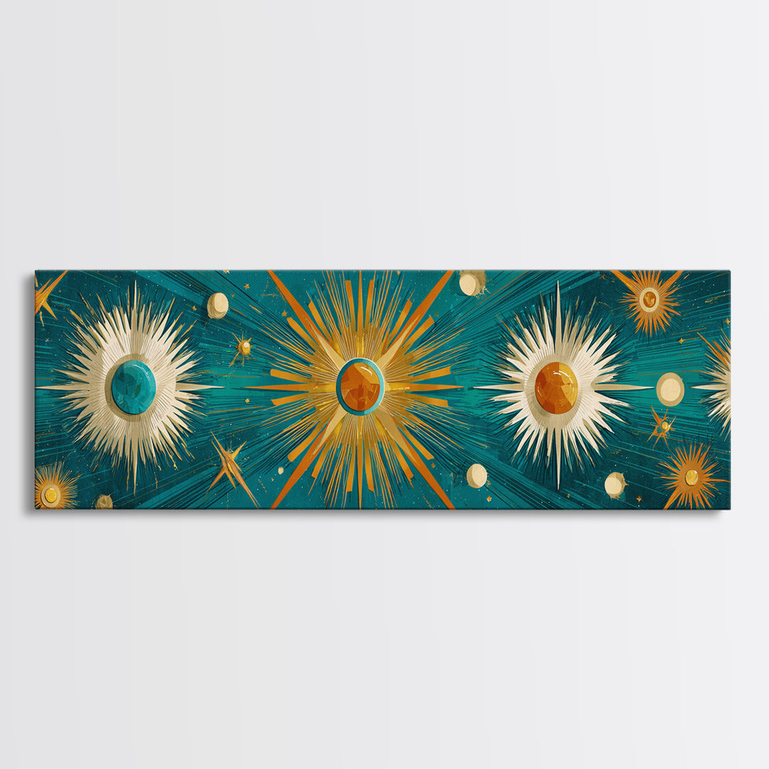 Teal Gold Celestial Sunburst Planets Wall Art, Modern Abstract Art Print, Art Deco Poster, Geometric Wall Decor, MCM Home Decor