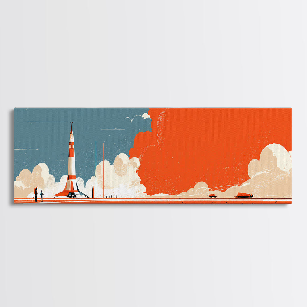 Retro Rocket Launch With Orange Smoke Wall Art, Midcentury Modern Space Poster, Atomic Sci Fi Decor, MCM Kids Room Print