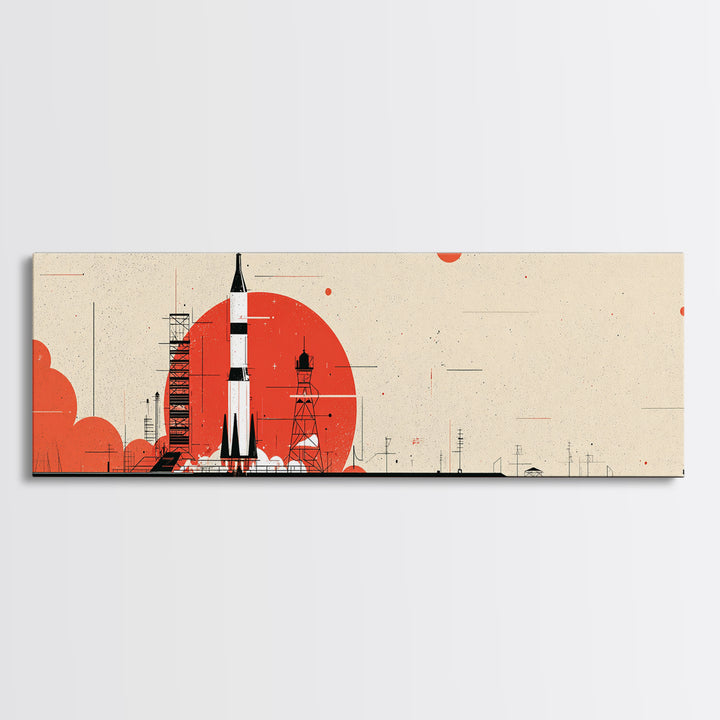 Minimal Red Rocket On Launch Pad Wall Art, Midcentury Modern Space Poster, Atomic Orange Sun Decor, Retro MCM Print Gift