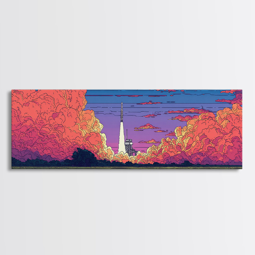 Pink Cloud Rocket Launch At Sunset Wall Art, Midcentury Modern Space Poster, Retro Sci Fi Landscape, Colorful MCM Decor Print