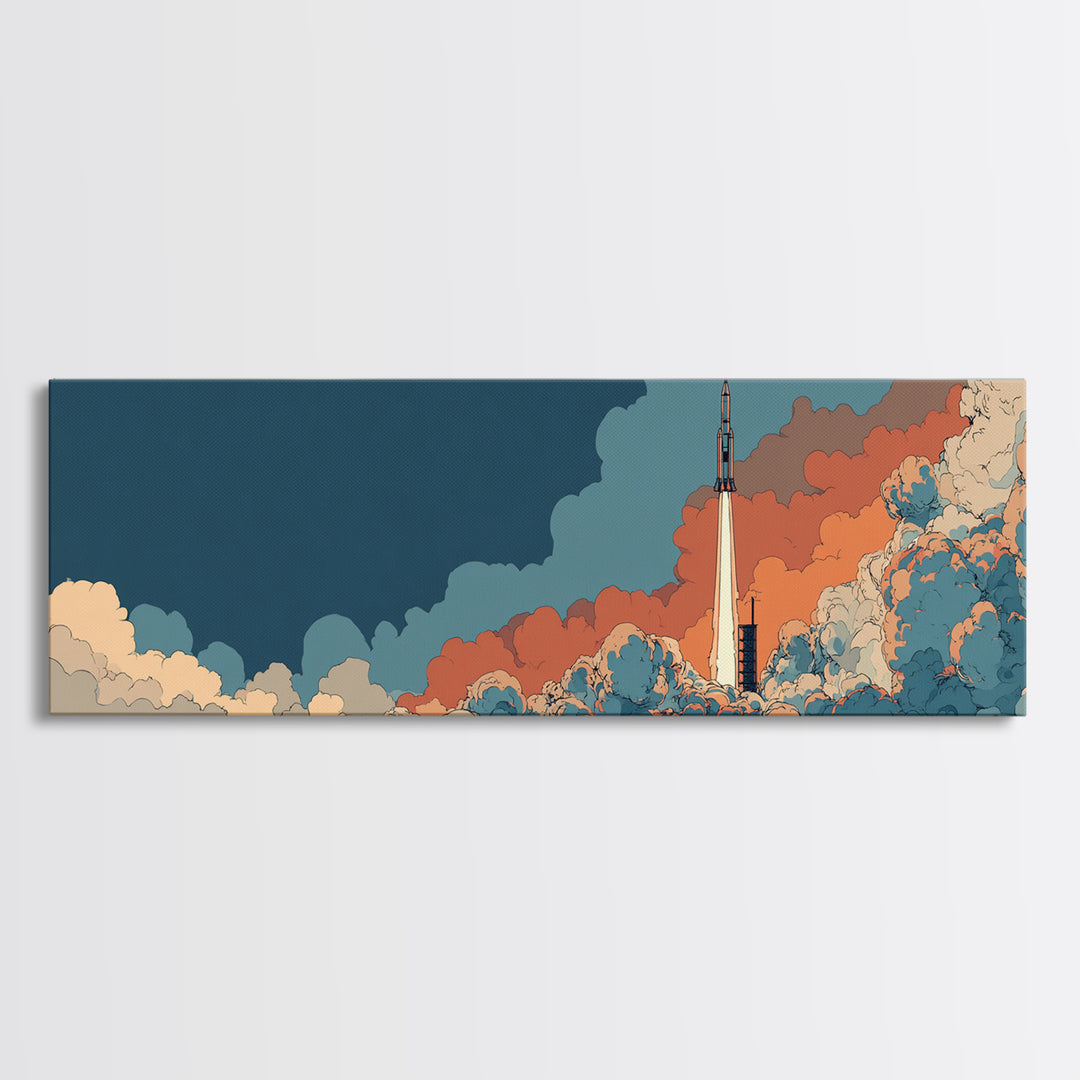Teal Orange Rocket Rising Through Clouds Canvas Print, Midcentury Modern Space Poster, Atomic Sci Fi Decor, Retro Wall Art