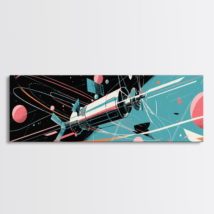 Retro Satellite With Pink Planets Wall Art, Midcentury Modern Space Poster, Atomic Sci Fi Decor, MCM Futuristic Print Gift