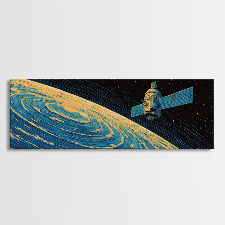Orbiting Satellite Above Spiral Planet Canvas Print, Midcentury Modern Space Poster, Retro Sci Fi Wall Art, Atomic MCM Decor