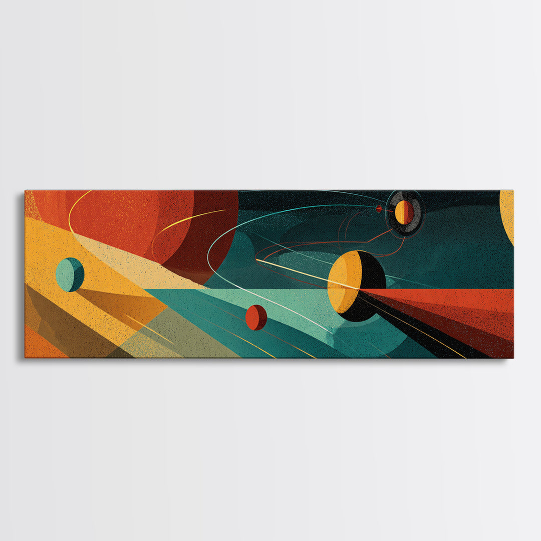 Abstract Planets With Cosmic Light Beams Wall Art, Midcentury Modern Space Poster, Retro Atomic Decor, Colorful Sci Fi Print