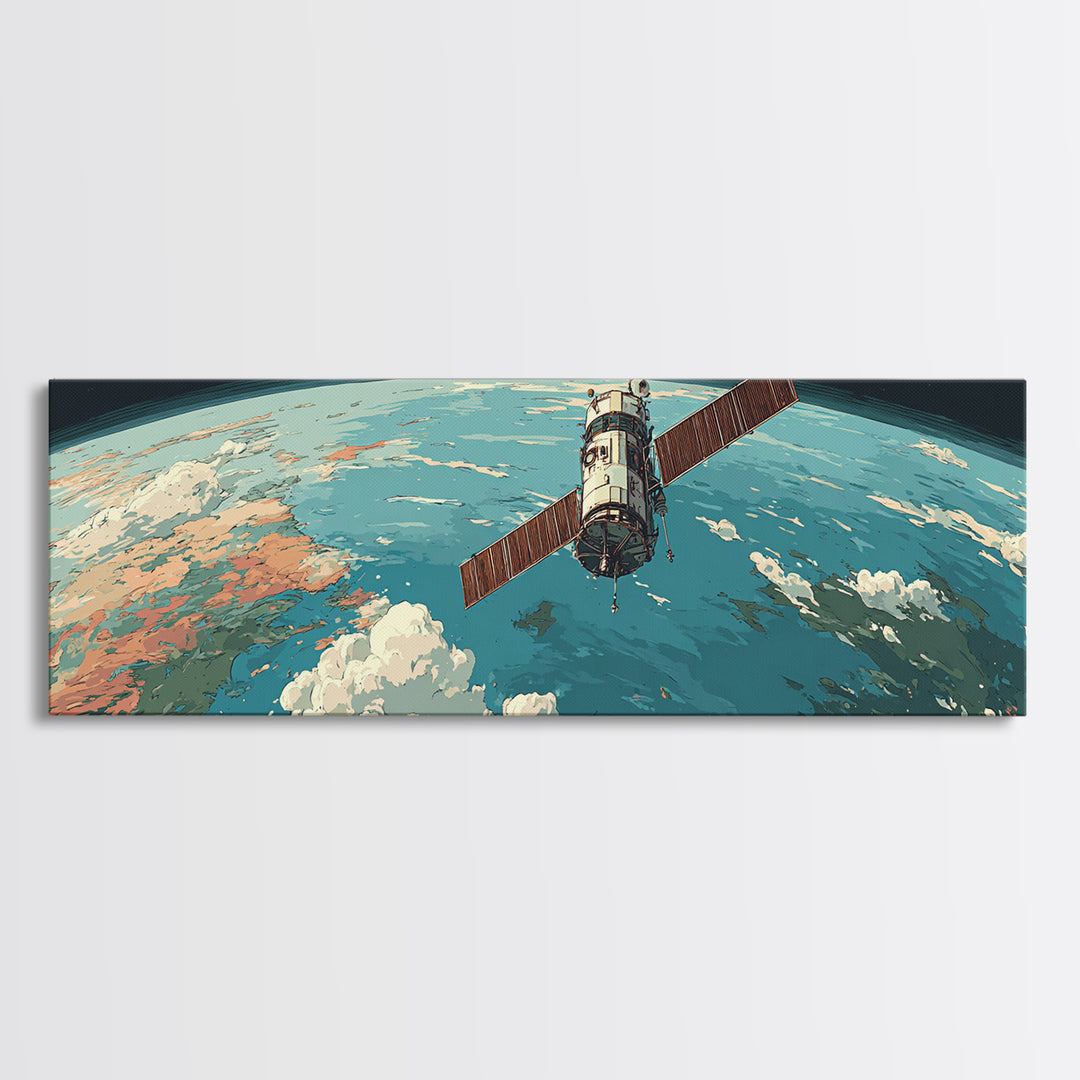 Satellite Orbiting Earth Horizon Framed Canvas Print, Midcentury Modern Space Poster, Retro Sci Fi Wall Art, MCM Decor Gift