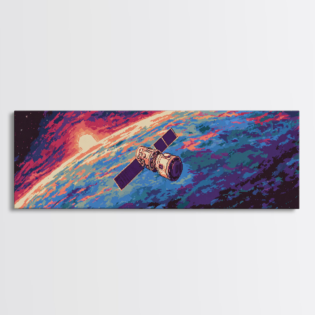 Retro Satellite Over Earth Sunrise Wall Art, Panoramic Sci Fi Space Poster, Midcentury Modern Decor, Large Canvas Print Gift