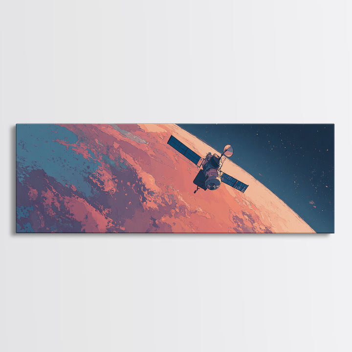 Peach Planet Orbit Satellite Canvas Print, Retro Sci Fi Space Wall Art, Midcentury Modern Poster, Office Decor Gift For Him
