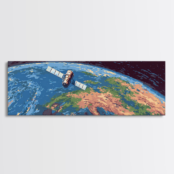 Satellite Above Blue Green Earth Wall Art, Panoramic Retro Space Poster, Midcentury Modern Art Print, Home Office Decor Gift