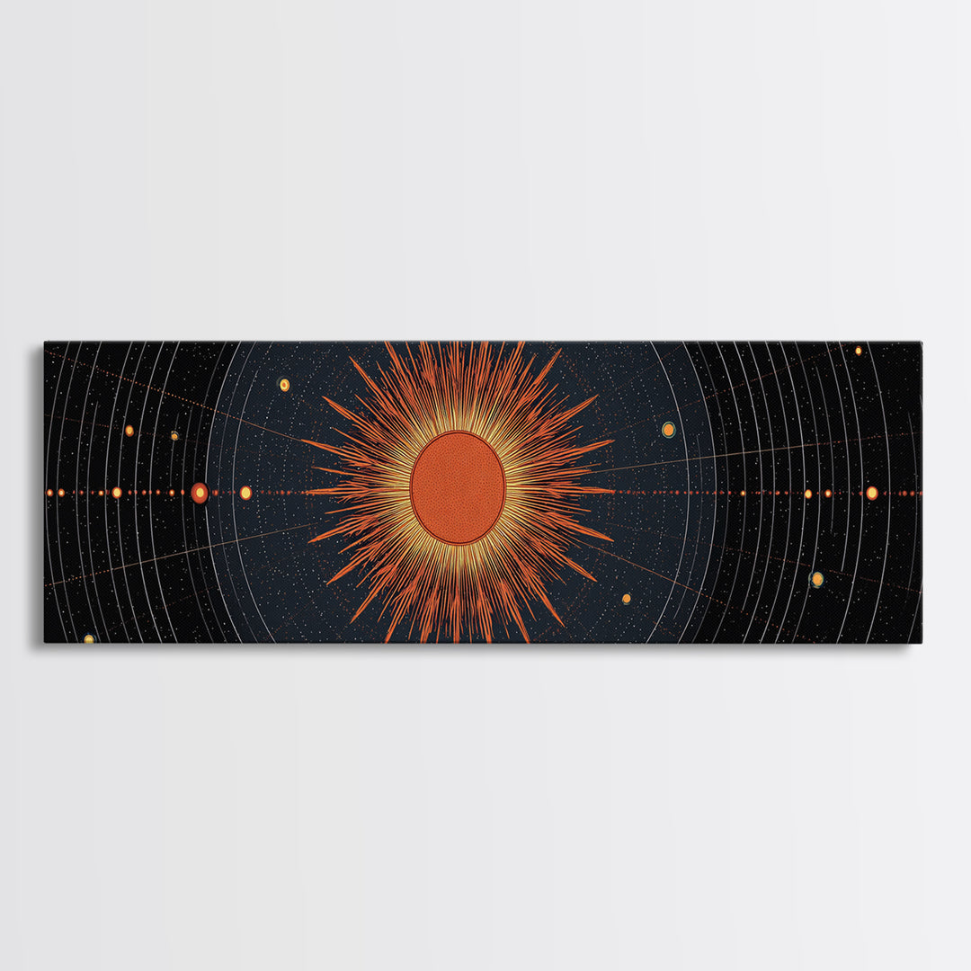 Celestial Orange Sun Orbit Diagram Wall Art, Atomic Midcentury Modern Art Poster, Geometric Space Print, Office Decor Gift