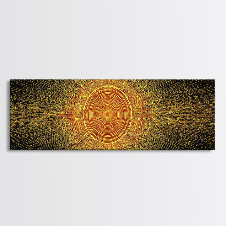 Golden Radiant Mandala Sun Canvas Print, Abstract Space Wall Art, Midcentury Modern Decor, Spiritual Geometric Poster Gift