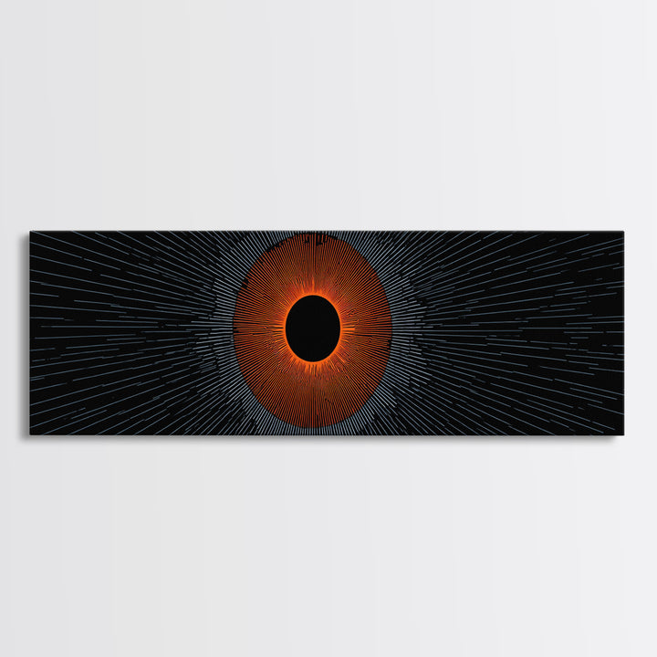 Orange Eclipse With Blue Radial Lines Wall Art, Abstract Sci Fi Space Poster, Midcentury Modern Decor, Geometric Print Gift