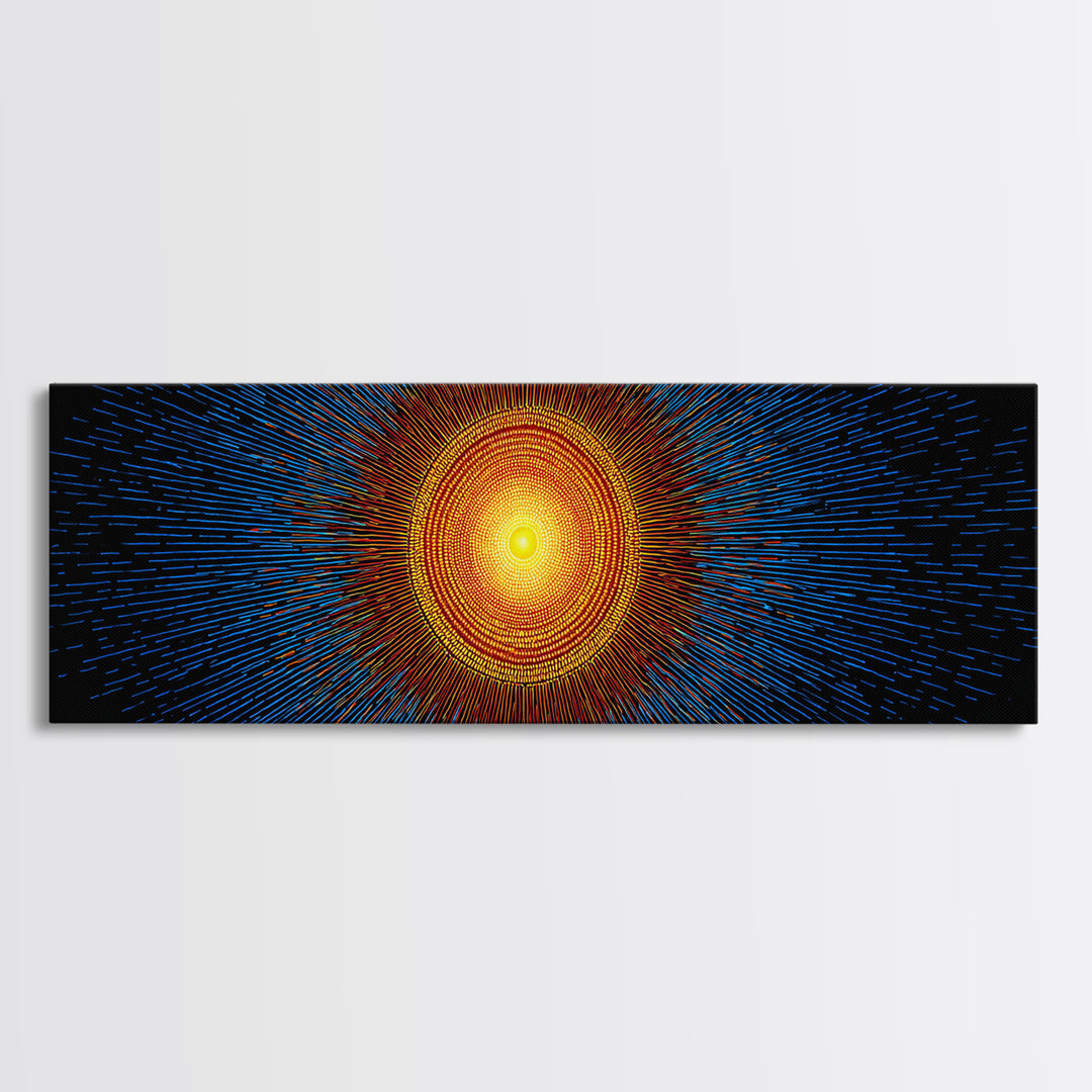 Blue And Orange Radiant Solar Burst Canvas Print, Abstract Space Wall Art, Midcentury Modern Poster, Bold Geometric Decor