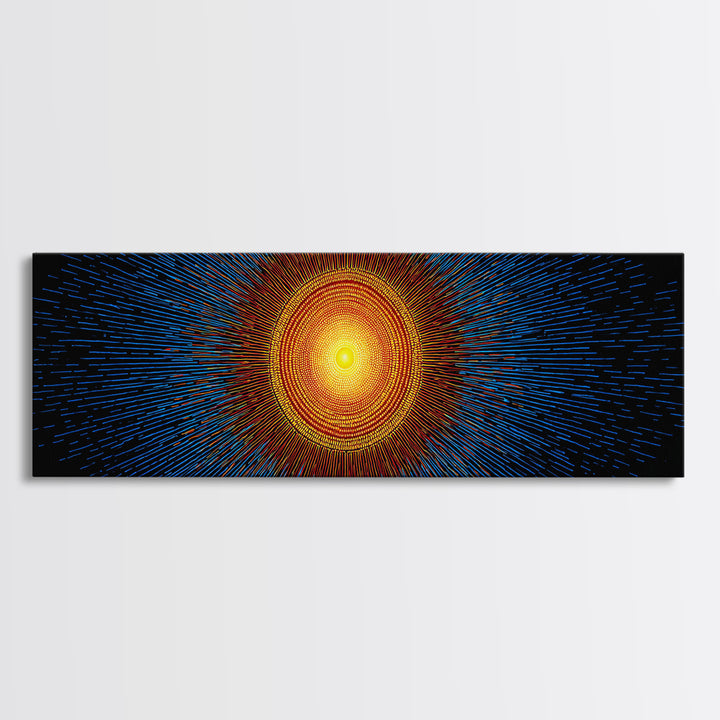 Blue And Orange Radiant Solar Burst Canvas Print, Abstract Space Wall Art, Midcentury Modern Poster, Bold Geometric Decor