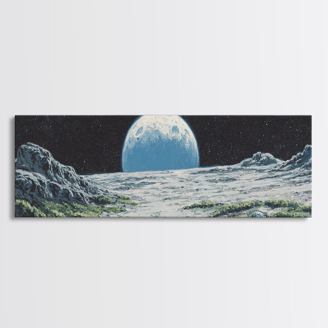 Moon Rising Over Alien Mountains Wall Art, Retro Sci Fi Landscape Poster, Midcentury Modern Decor, Scenic Space Art Print