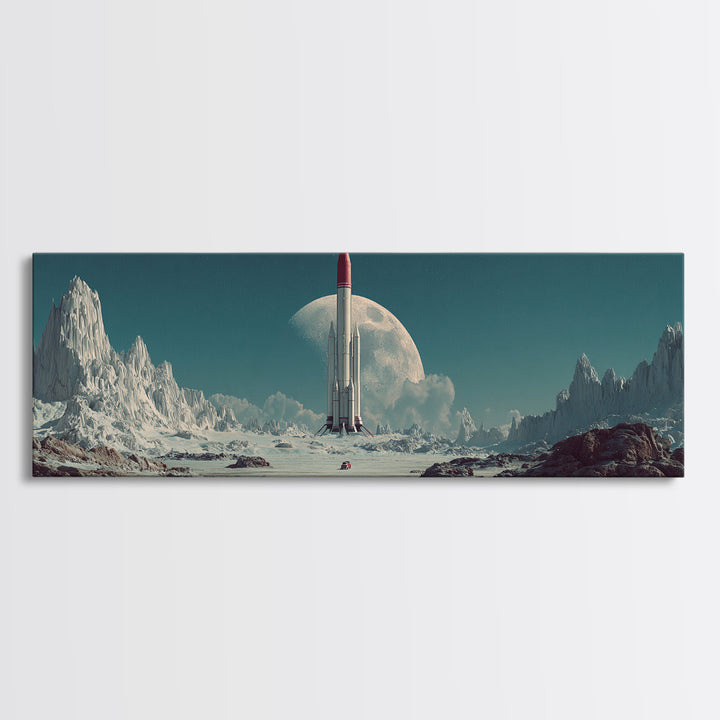 Rocket On Lunar Plain With Giant Moon Framed Canvas Print, Retro Sci Fi Wall Art, Midcentury Modern Space Poster Decor Gift