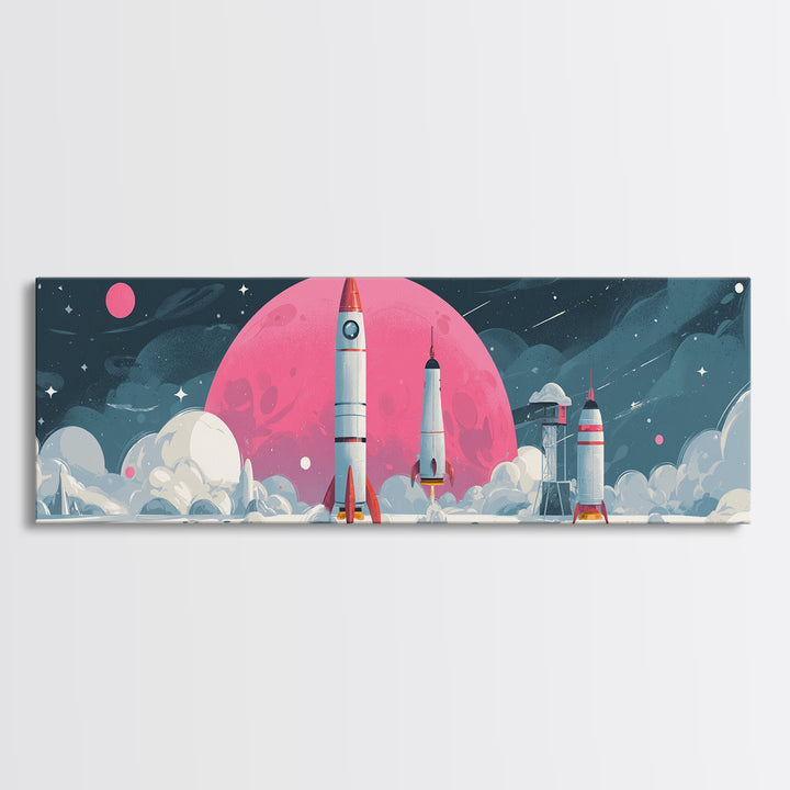 Pink Moon Rocket Base Wall Art, Retro Sci Fi Space Poster, Midcentury Modern Art Print, Lunar Nursery Decor, MCM Wall Decor