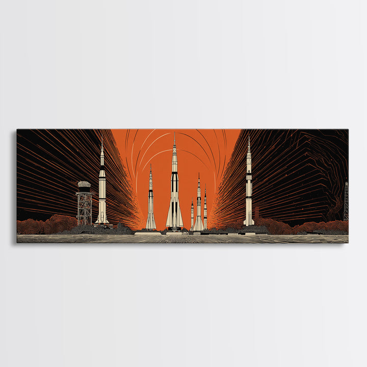 Orange Spaceport Rockets Framed Canvas Print, Midcentury Modern Wall Art, Retro Sci Fi Poster, Atomic MCM Wall Decor, Modern Home Decor