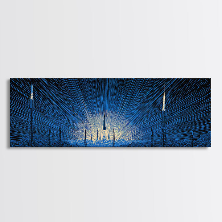 Blue Rocket Launch Wall Art, Radiant Sci Fi Space Poster, Midcentury Modern Art Print, Retro Futuristic Office Decor For Home
