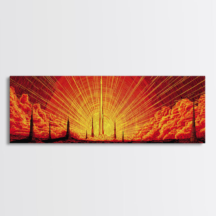 Fiery Rocket Silhouette Canvas Print, Orange Sunburst Space Poster, Midcentury Modern Wall Art, Retro Sci Fi MCM Home Decor