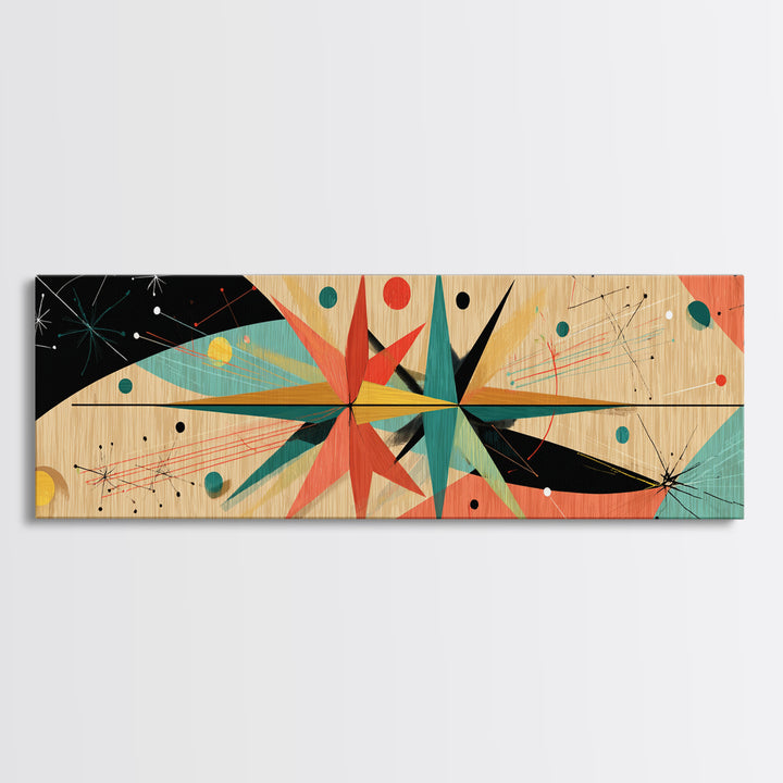 Retro Atomic Starburst On Wood Framed Canvas Print, Mid Century Modern Art, Boho Geometric Wall Decor For Office Or Den