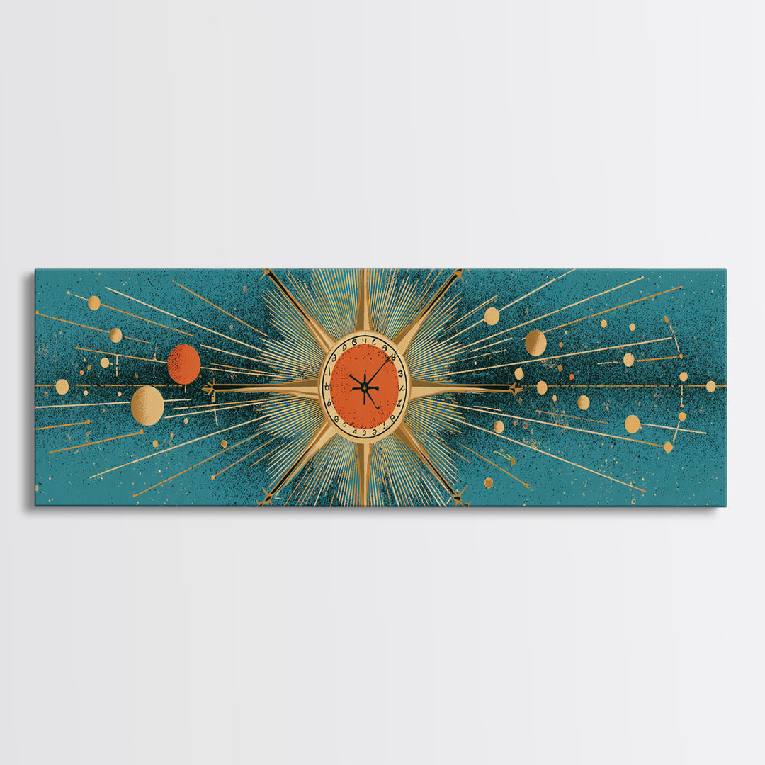 Teal Atomic Clock Sunburst Canvas Print, Mid Century Modern Wall Art, Retro Geometric Office Decor, Turquoise Mcm Print Gift