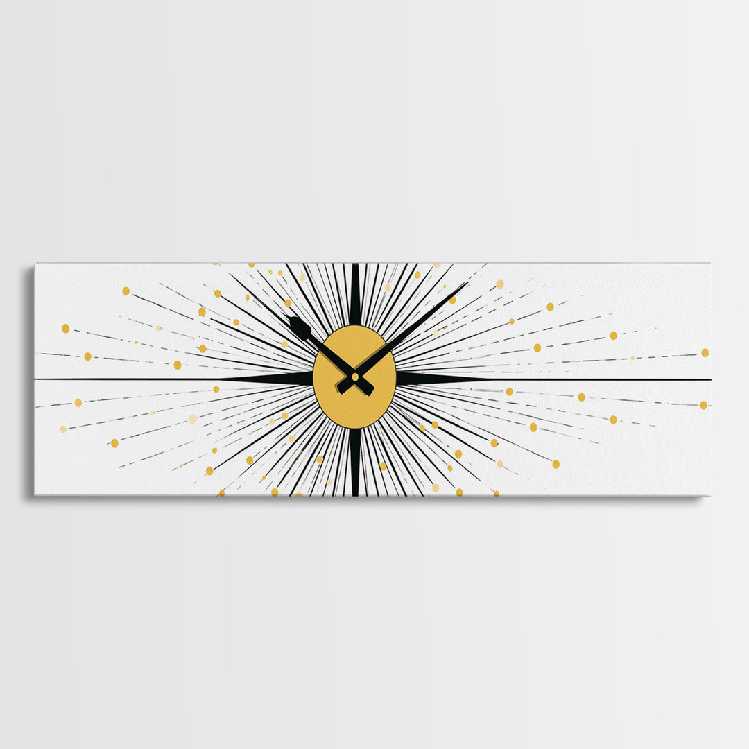 Minimal Gold Clock Starburst Wall Art, Mid Century Modern Abstract Print, Geometric Bauhaus Decor For Office, Entry, Or Den