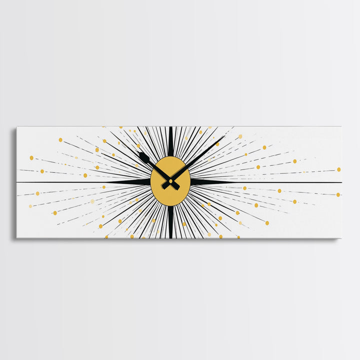 Minimal Gold Clock Starburst Wall Art, Mid Century Modern Abstract Print, Geometric Bauhaus Decor For Office, Entry, Or Den
