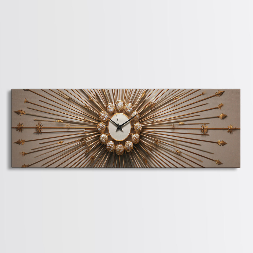 Gold Sunburst Clock Sculpture Framed Canvas Print, Mid Century Modern Wall Art, Hollywood Regency Decor For Living Room
