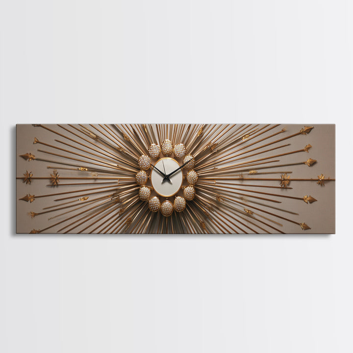 Gold Sunburst Clock Sculpture Framed Canvas Print, Mid Century Modern Wall Art, Hollywood Regency Decor For Living Room
