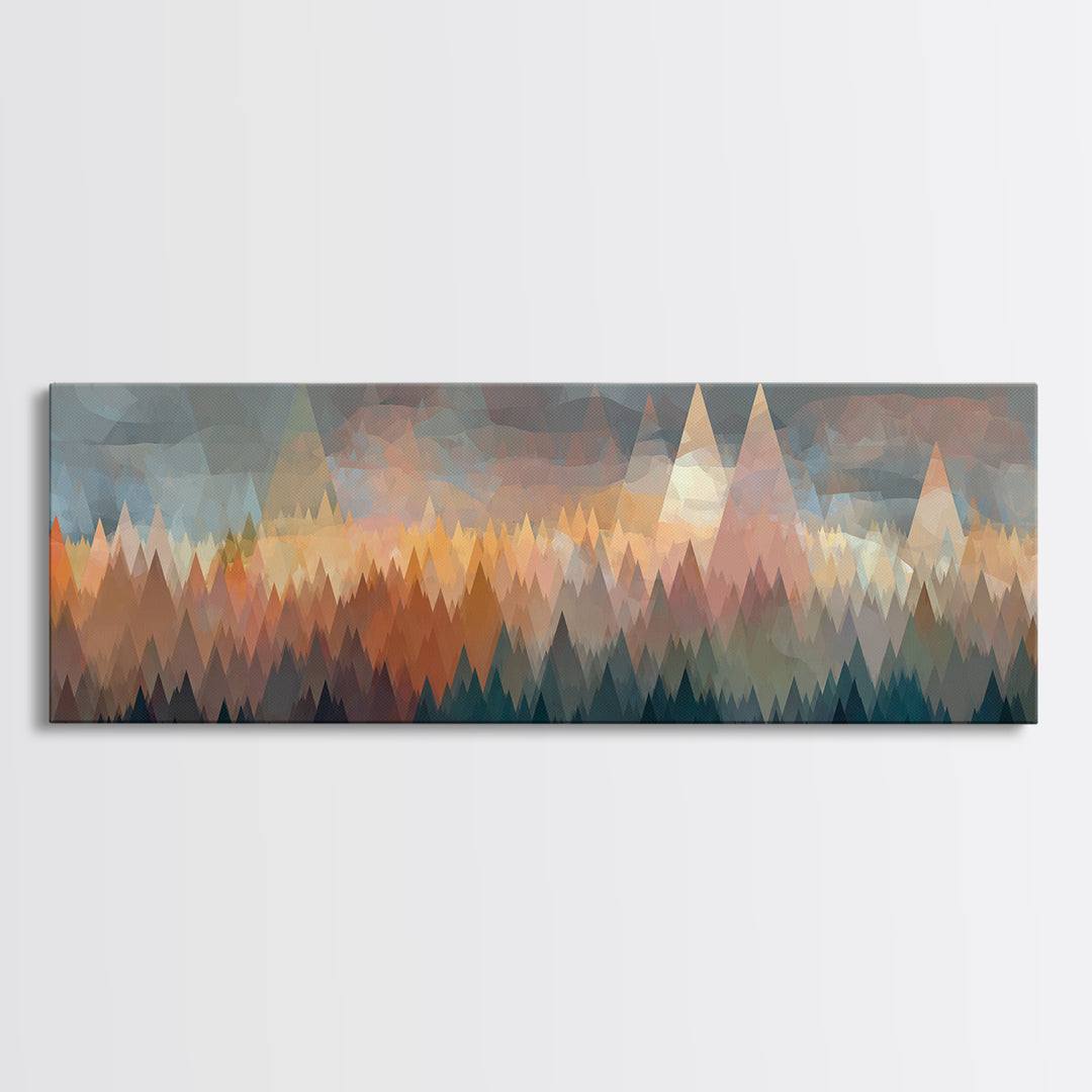 Misty Triangle Forest And Mountain Wall Art, Midcentury Modern Decor, Geometric Landscape Print, Teal Orange Home Decor Art