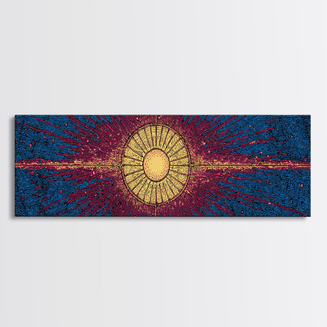 Blue Magenta Solar Burst Wall Art, Mid Century Modern Abstract Print, Cosmic Retro Decor For Living Room And Office, Wall Decor