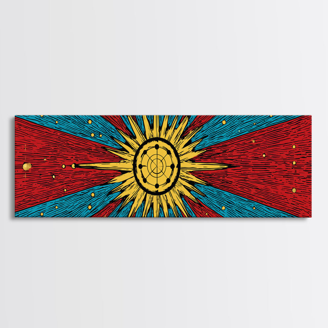 Radiant Atomic Sunburst And Orbiting Stars Canvas Print, Mid Century Modern Wall Art, Retro Space Decor, Bold MCM Poster