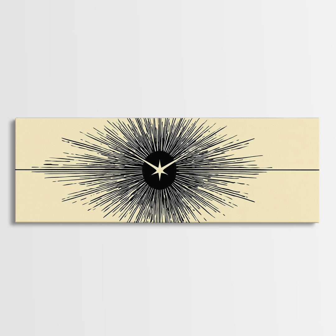 Black Starburst Atomic Eye Canvas Print, Mid Century Modern Wall Art, Minimalist Retro Poster, Beige Space Age Home Decor
