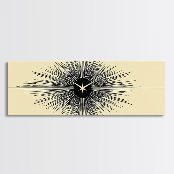 Black Starburst Atomic Eye Canvas Print, Mid Century Modern Wall Art, Minimalist Retro Poster, Beige Space Age Home Decor
