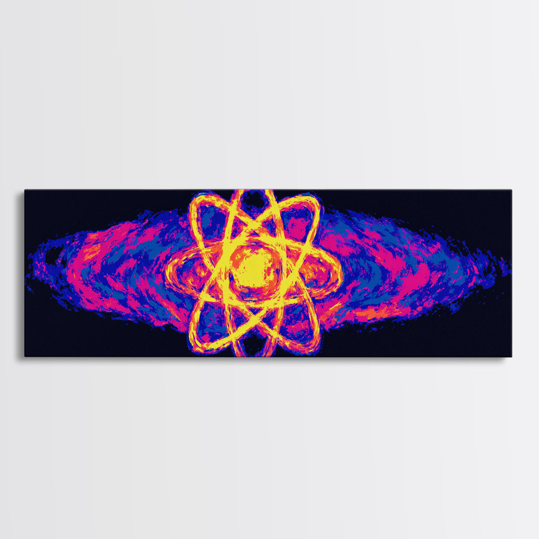Neon Atom With Cosmic Energy Waves Canvas Print, Modern Abstract Art, Retro Sci Fi Wall Art, Colorful Space Poster, Home Decor