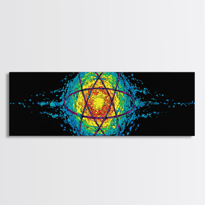 Glowing Yellow Atom And Blue Particle Waves Canvas Print, Midcentury Modern Wall Art, Retro Science Poster, Space Decor Art