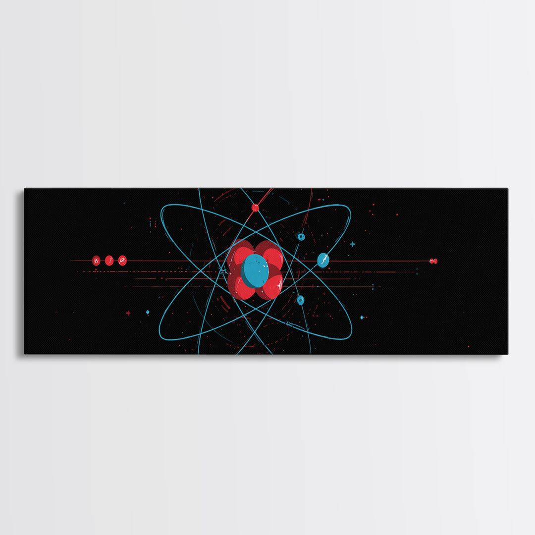 Red And Blue Atomic Orbit Diagram Canvas Print, Mid Century Modern Wall Art, Minimalist Science Poster, Space Age Decor Print