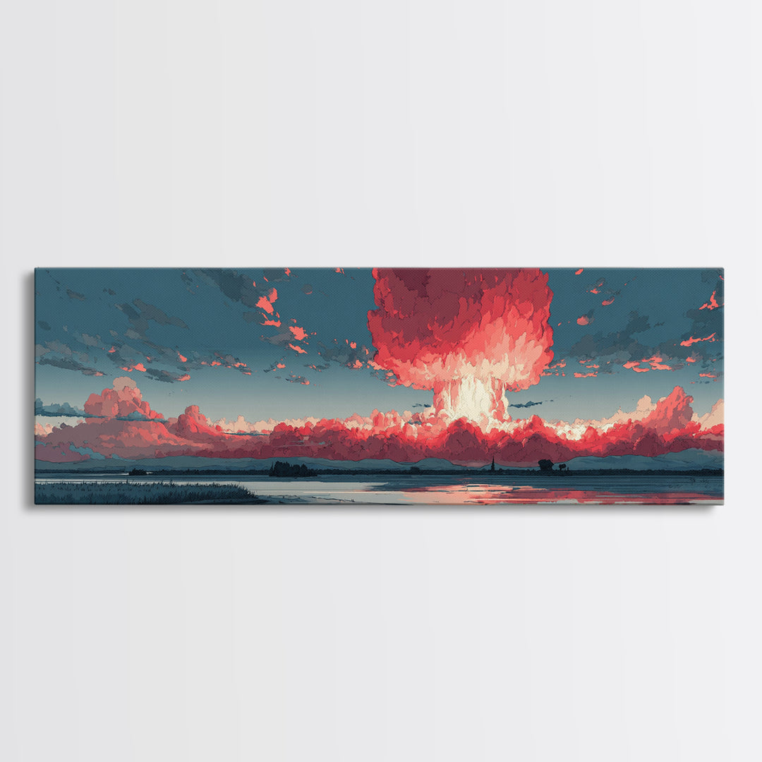 Dramatic Red Mushroom Cloud Over Wetlands Wall Art, Modern Abstract Art Print, Sci Fi Landscape Poster, Statement Home Decor