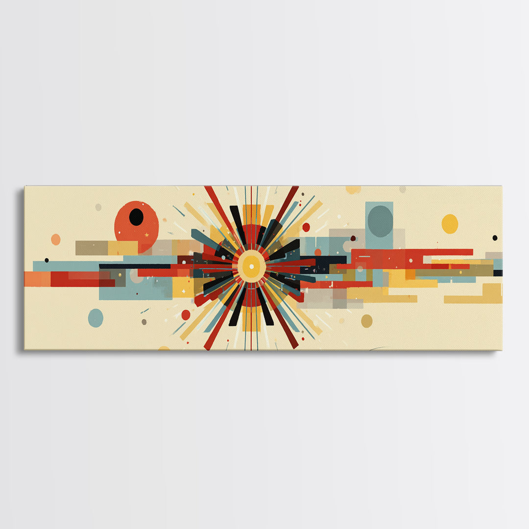 Geometric Atomic Burst With Circles And Lines Canvas Print, Mid Century Modern Wall Art, Bauhaus Poster, Colorful Decor Print
