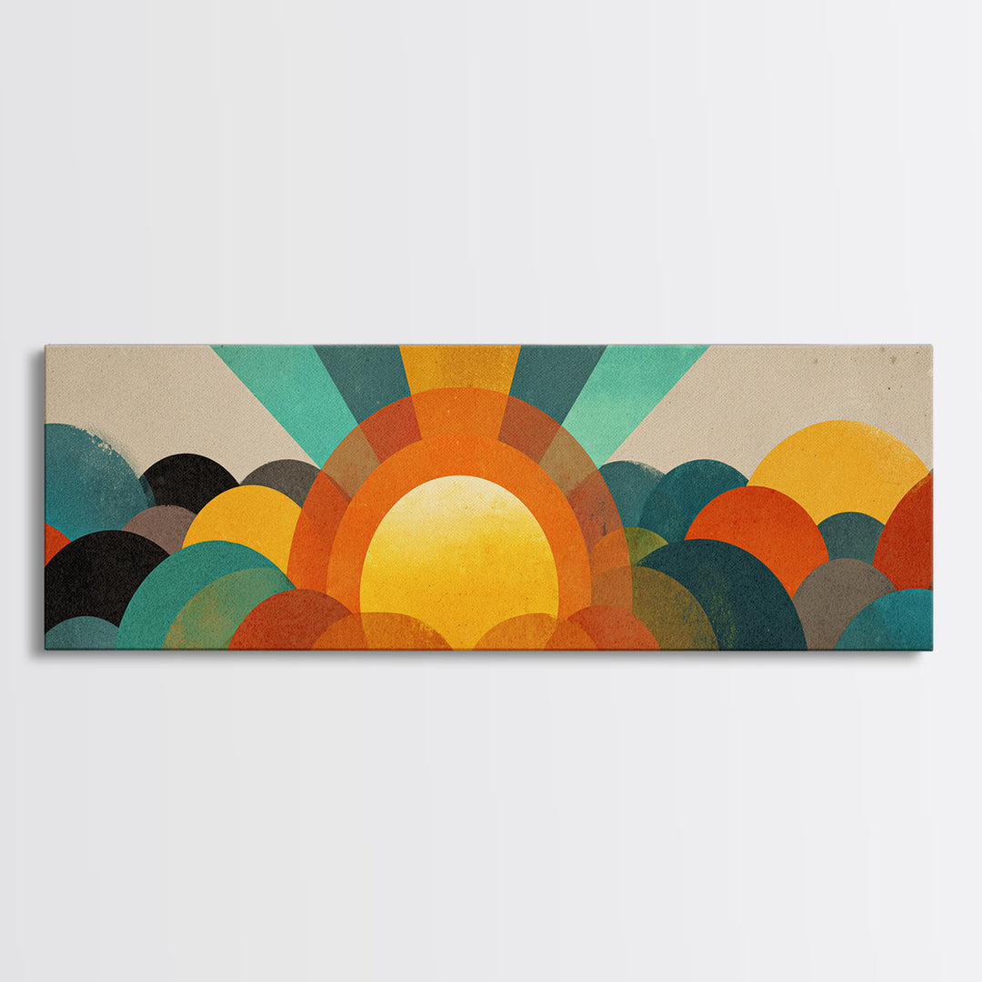 Layered Sun Rising Over Retro Hills Canvas Print, Mid Century Modern Wall Art, Colorful Landscape Poster, MCM Home Decor