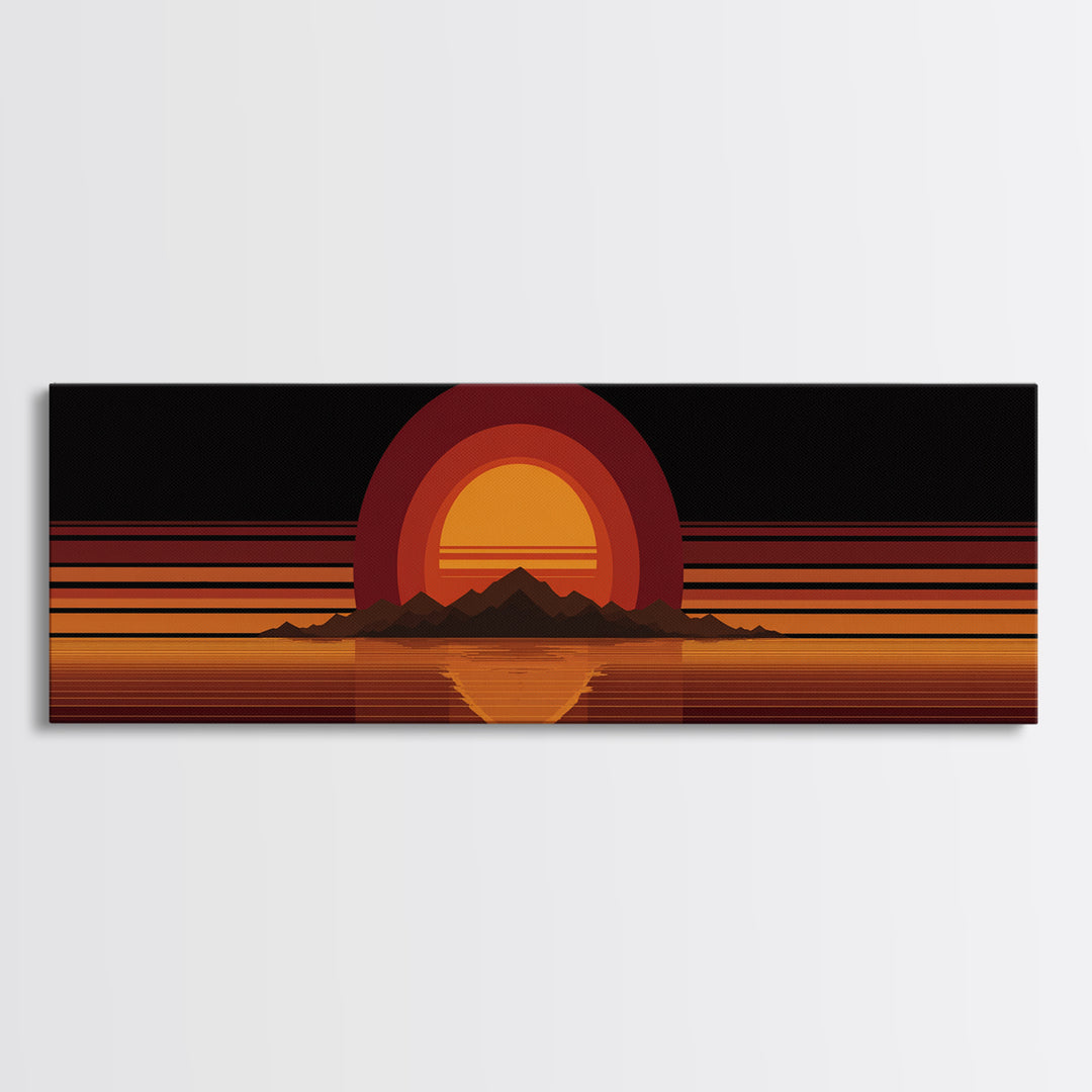 Orange Desert Sun And Mountain Reflection Wall Art, Retro Midcentury Canvas Print, Black Minimalist Modern Home Decor Poster