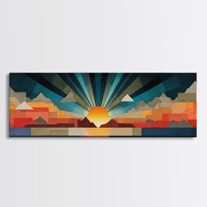 Art Deco Sunrise Mountain Landscape Wall Art, Midcentury Modern Canvas Print, Bold Geometric Retro Living Room Decor Poster