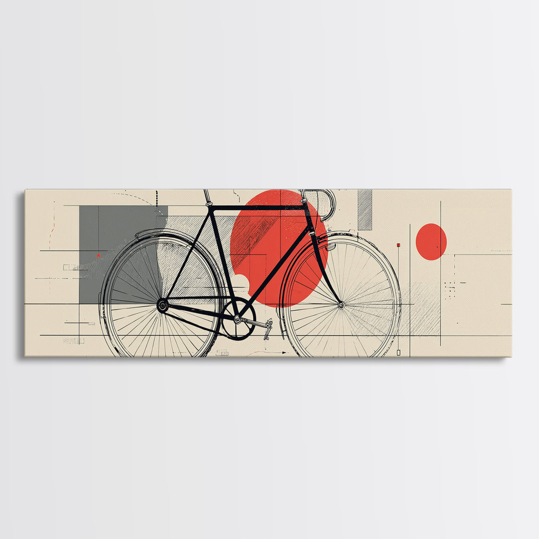 Minimalist Black Bicycle Wall Art, Red Sun Bauhaus Canvas Print, Midcentury Modern Cycling Poster, Graphic Office Decor Art Print