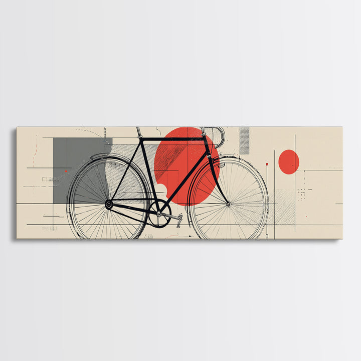 Minimalist Black Bicycle Wall Art, Red Sun Bauhaus Canvas Print, Midcentury Modern Cycling Poster, Graphic Office Decor Art Print