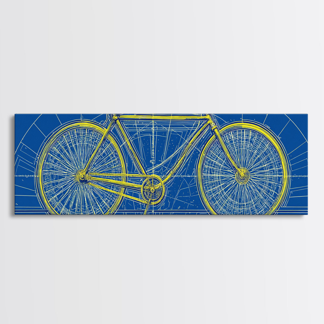 Blue Yellow Bicycle Blueprint Canvas Print, Mid Century Modern Wall Art, Cycling Poster, Geometric Retro Office Decor Gift