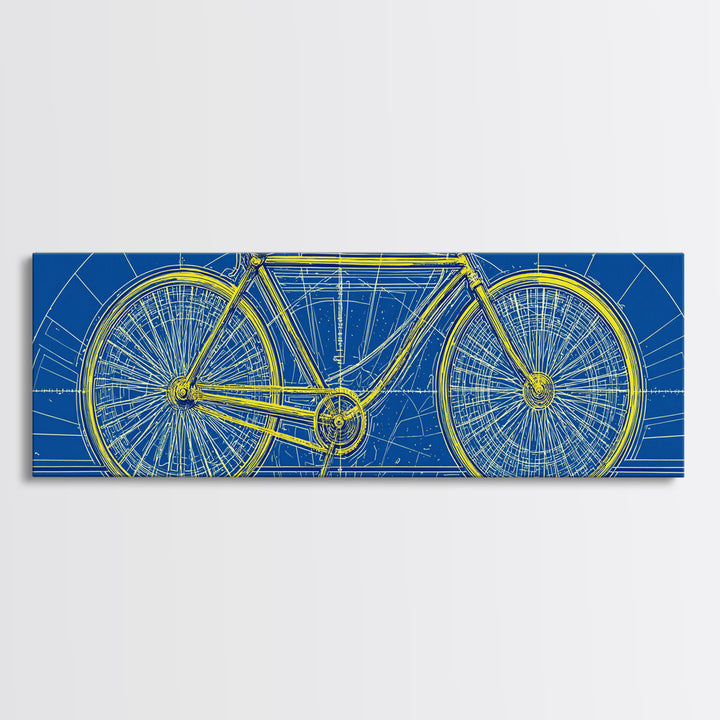 Blue Yellow Bicycle Blueprint Canvas Print, Mid Century Modern Wall Art, Cycling Poster, Geometric Retro Office Decor Gift