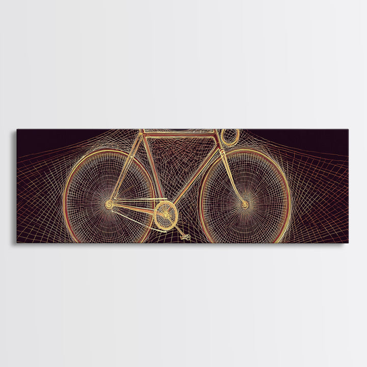 Glowing Gold Road Bicycle Framed Canvas Print, Retro Futuristic Cycling Wall Art, Modern Geometric Poster, Man Cave Decor