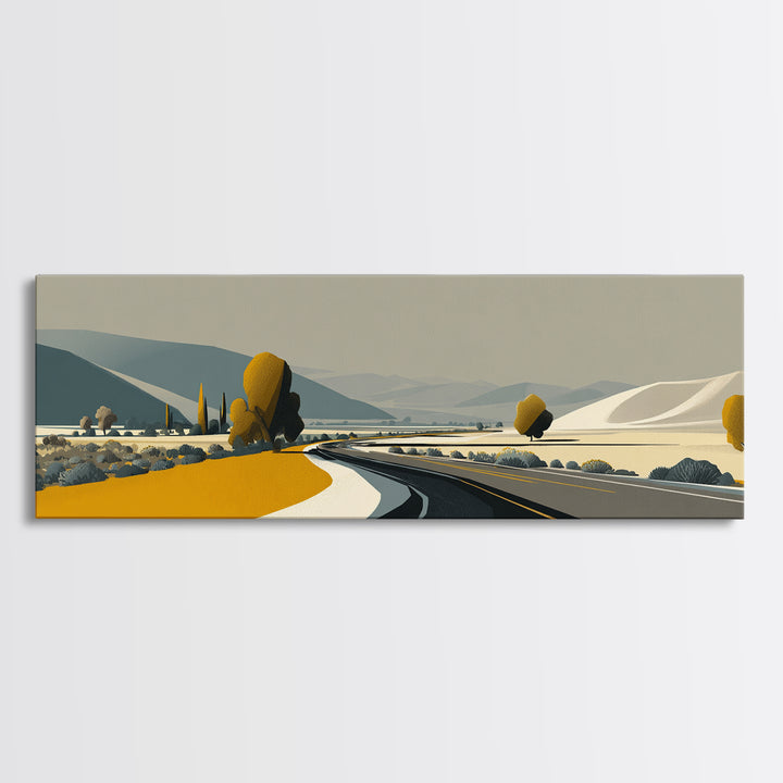 Minimal Country Road Wall Art, Modern Landscape Print, Neutral Midcentury Decor, Scenic Home Office Art, Mustard Yellow Decor