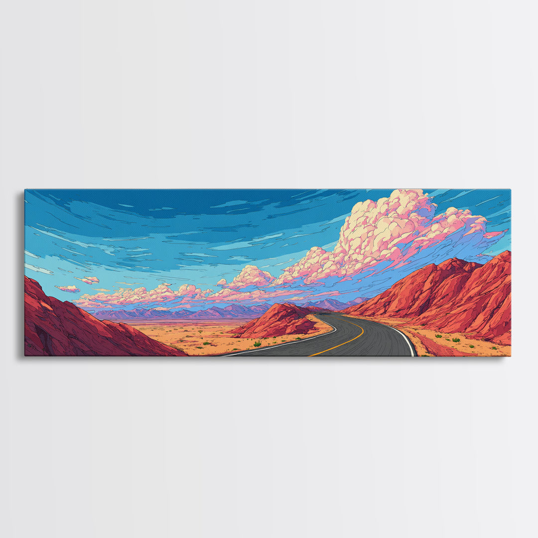 Red Canyon Highway Framed Canvas Print, Modern Wall Art, Retro Travel Poster Style, Colorful Landscape, Southwestern Decor